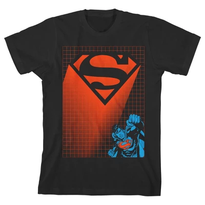 DC COMICS Superman Orange Logo Grid Lines Black T-shirt Toddler Boy To Youth Boy - Image 3