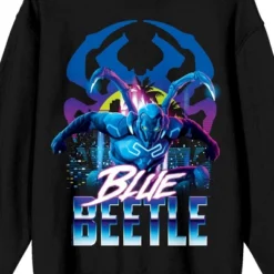 DC COMICS Blue Beetle Superhero & Logo Crew Neck Long Sleeve Black Adult Sweatshirt