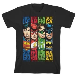 DC COMICS Justice League Character Panels Black T-shirt Toddler Boy To Youth Boy
