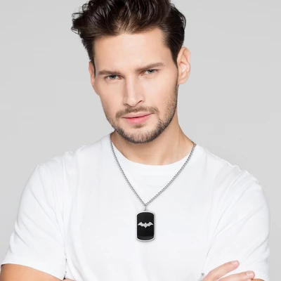 DC Comics Mens Batman Logo Stainless Steel Dog Tag Pendant Necklace, 22'' Link Chain