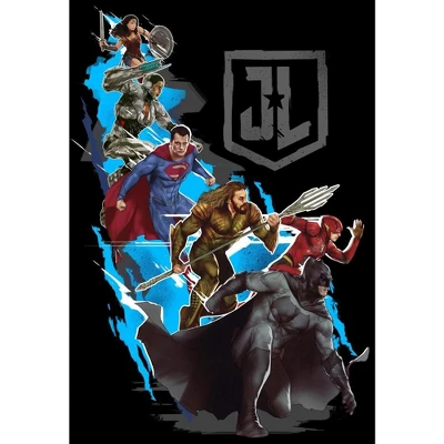DC COMICS Justice League Movie Group Character Art Black T-shirt Toddler Boy To Youth Boy
