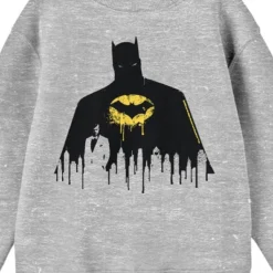 DC COMICS Batman Bruce Wayne Silhouette Youth Heather Gray Crew Neck Sweatshirt