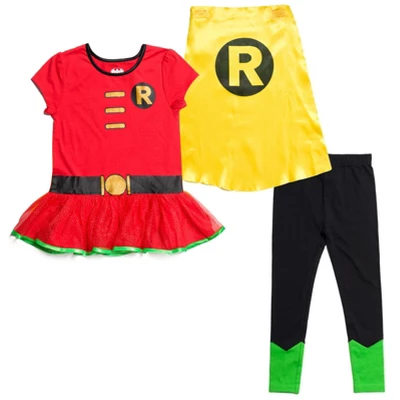 DC Comics Robin Girls Cosplay T-Shirt Dress Leggings And Cape 3 Piece Little Kid To Big Kid - Image 7