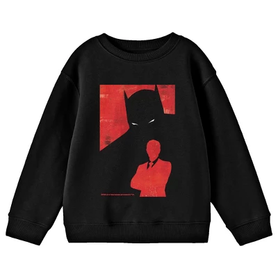 DC COMICS Batman Bruce Wayne Silhouette On A Red Background Youth Black Crew Neck Sweatshirt