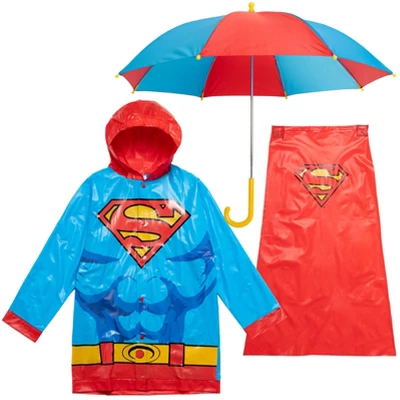 DC Comics Justice League Superman Batman Waterproof Rain Jacket Cape And Umbrella 3 Piece Outfit Set Toddler - Image 7
