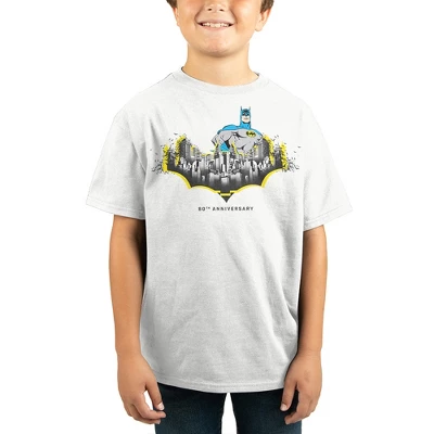 DC COMICS Batman Gotham City Bat 80th Anniversary White T-shirt Toddler Boy To Youth Boy
